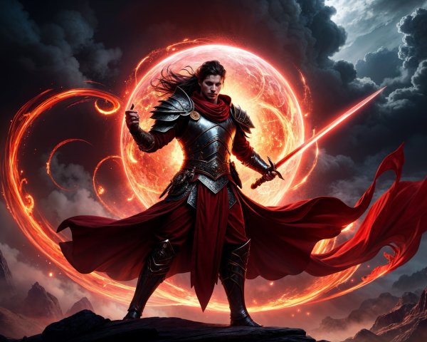 Warrior in Dark Armor on Rocky Terrain with Sword