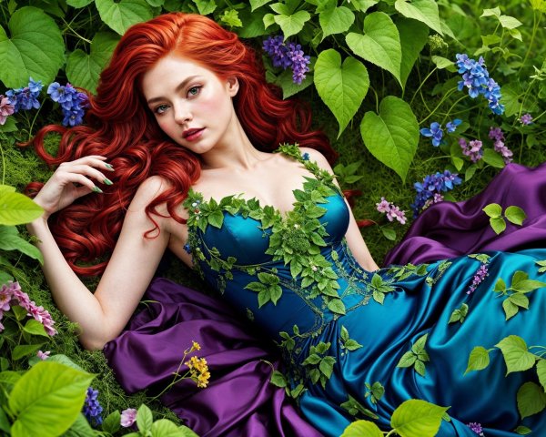 Young Woman in Teal Gown Surrounded by Nature