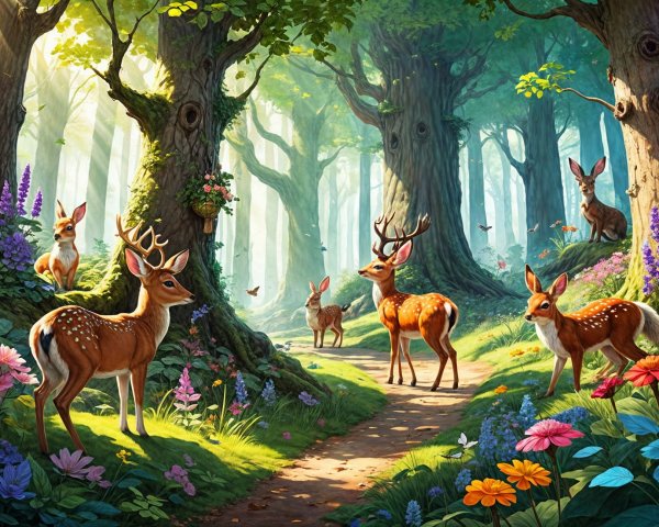 Deer Grazing in a Colorful Forest Scene