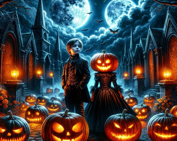 Misty Graveyard with Children and Glowing Pumpkins