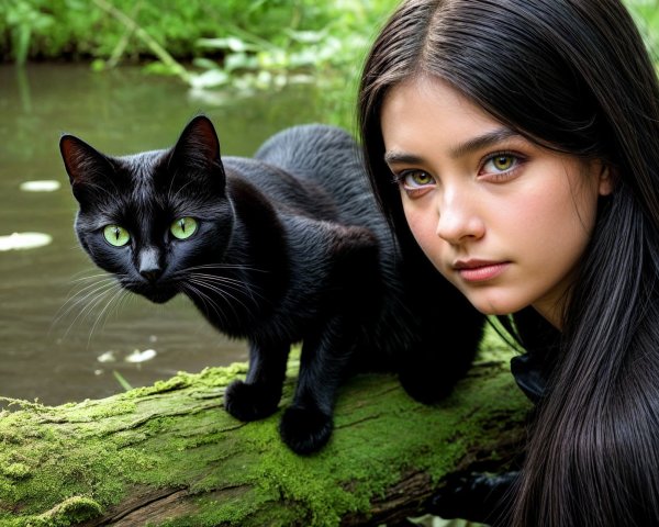 Young girl and black cat in a lush green landscape