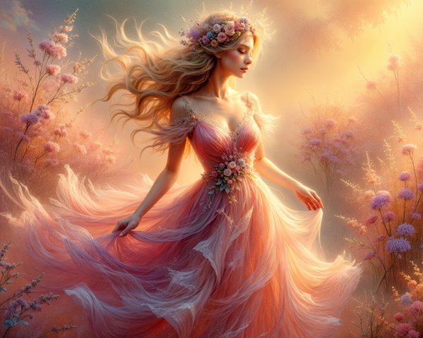 Serene figure in pink gown among ethereal blossoms