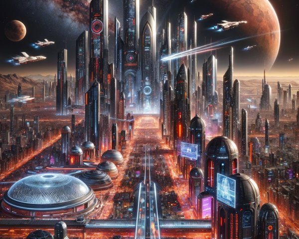 Futuristic cityscape with neon lights and spacecraft