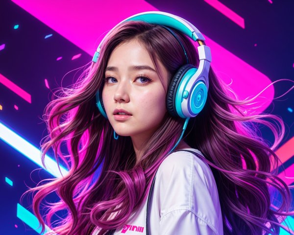 Young woman with pink and purple hair in neon setting