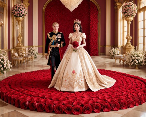 Regal Ballroom Scene with Princess and Prince in Gowns