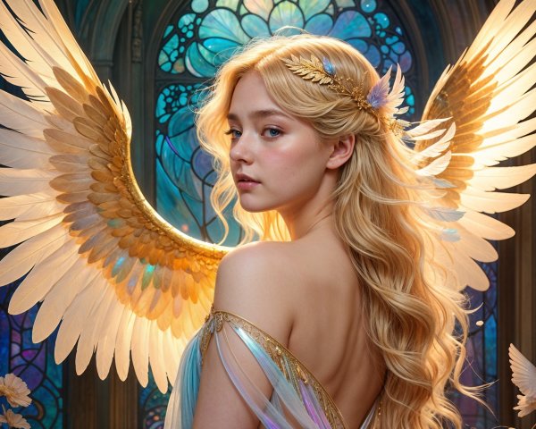 Young Woman with Wings and Stained-Glass Background