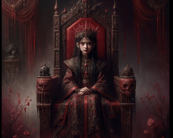 Young Girl on Gothic Throne with Dark Embellishments