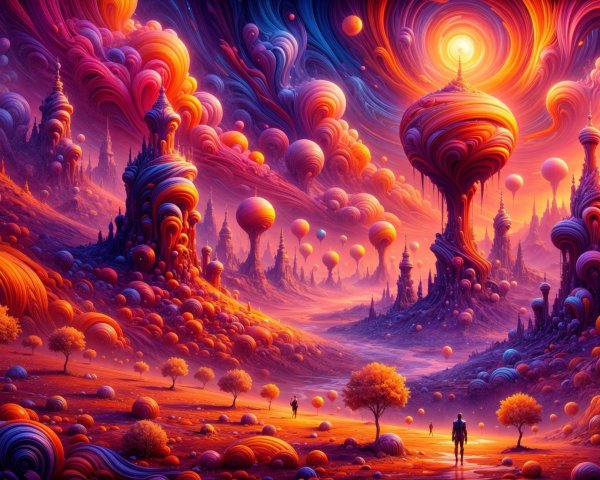 Surreal Landscape with Vibrant Clouds and Towers