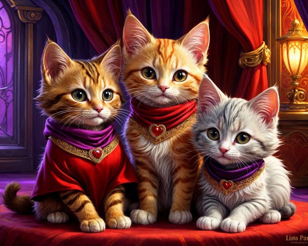 Kittens in Royal Attire with Colorful Capes and Drapery