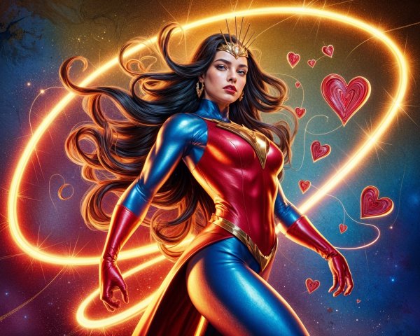 Superheroine in Red and Blue Costume with Halo
