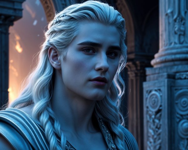 Character with Silver Hair in Ancient Setting