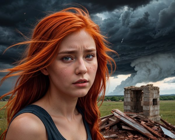 Young woman with orange hair in desolate landscape