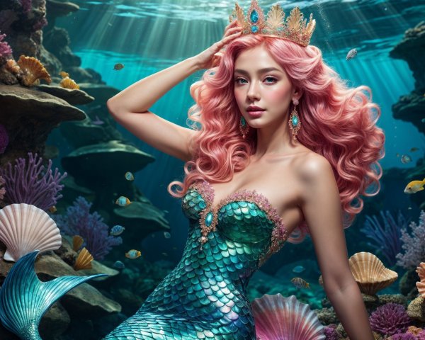 Mermaid with Pink Hair in Vibrant Underwater Scene