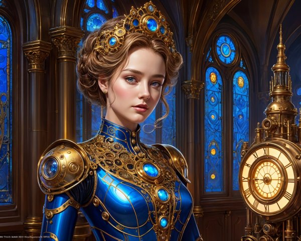Young Woman in Blue Outfit with Stained Glass Background
