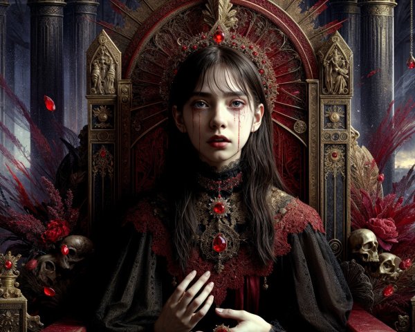 Young girl on ornate gothic throne with dark attire