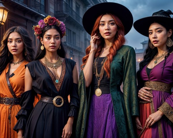 Four Women in Elegant Vintage Dresses and Accessories