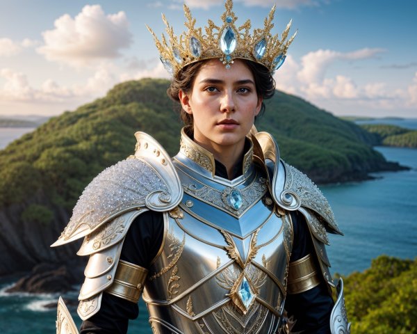 Young Woman in Silver Armor on Cliff Overlooking Sea