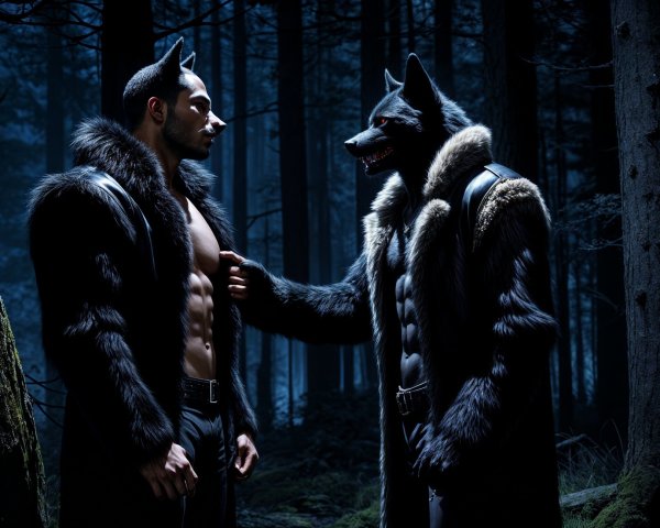 Figures in a Dark Forest with Mysterious Atmosphere