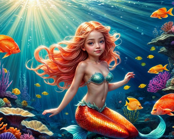 Young mermaid swimming in vibrant coral reefs