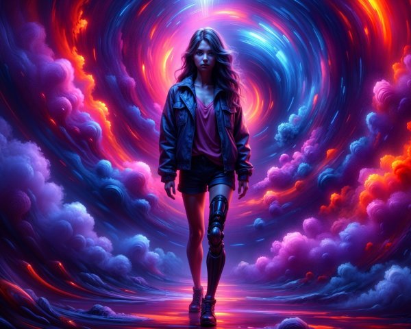 Young Woman in Cosmic Landscape with Prosthetic Leg