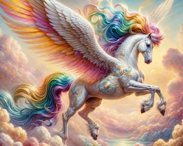 Majestic white unicorn with colorful wings in sky