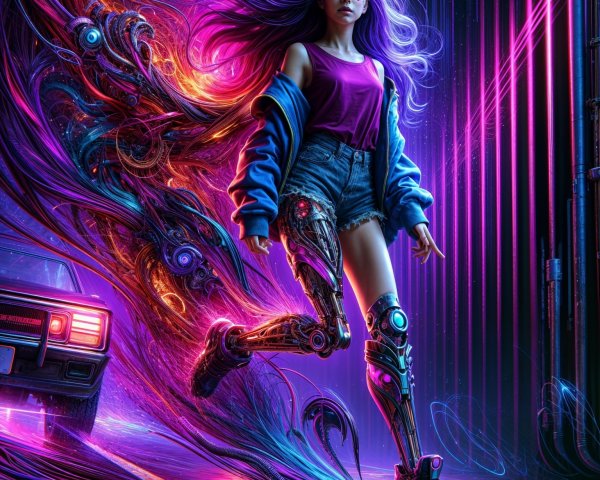 Futuristic Scene of Young Woman with Cybernetic Legs