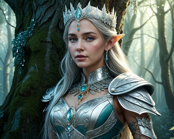 Majestic Elf Queen in Silver Armor in Mystical Forest