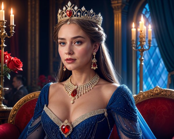 Regal Woman in Deep Blue Gown in Lavish Setting