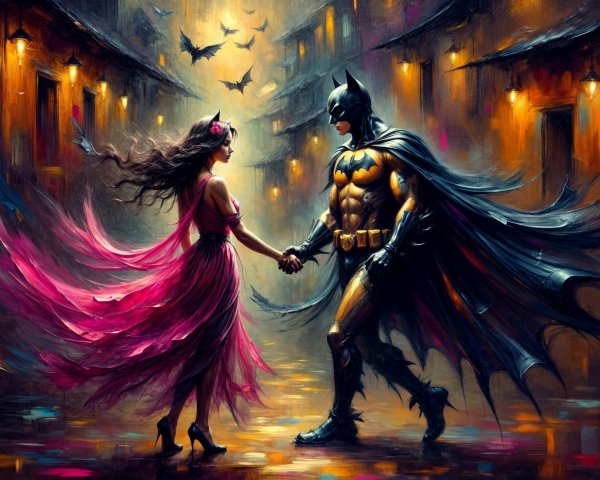 Superhero and Woman in Vibrant Alley Scene