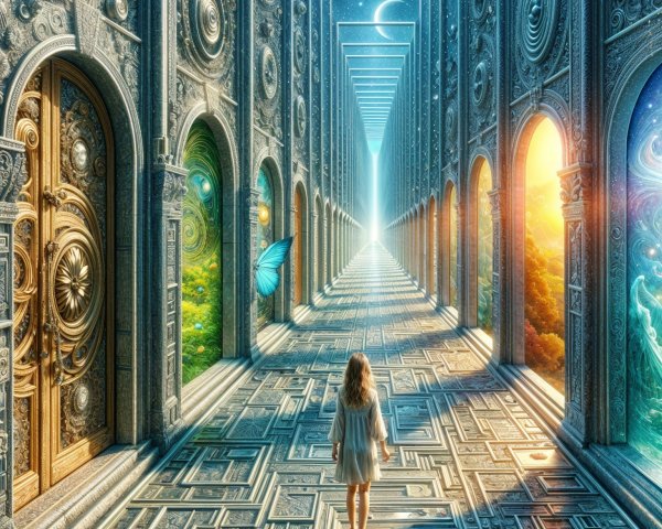 Young girl explores enchanting corridor with landscapes
