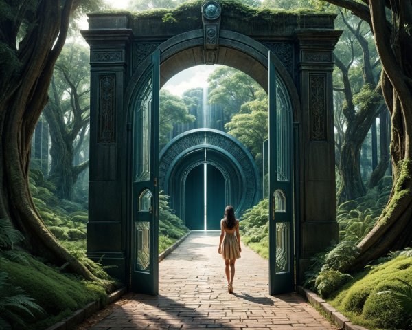 Serene Forest Scene with Ornate Archway and Foliage