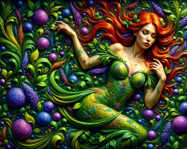 Vibrant Illustration of Woman in Lush Greenery