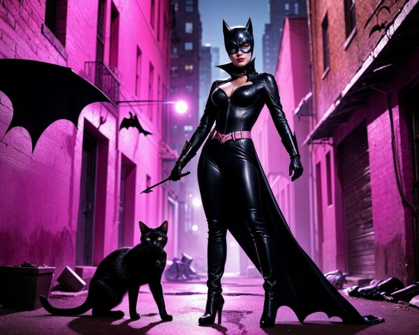 Neon-Lit Alley with Figure in Black Catsuit and Cat