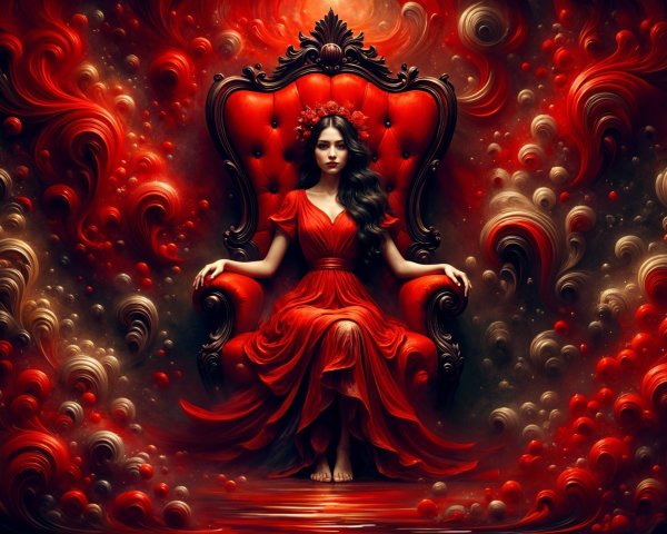 Elegant figure in red gown on ornate throne