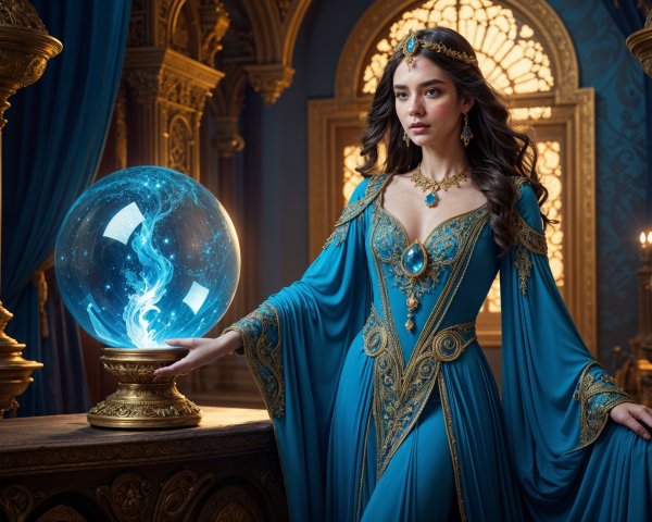 Young woman in blue gown with crystal ball and gold architecture