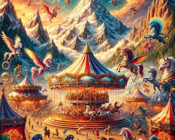 Vibrant Carnival Scene with Mythical Creatures