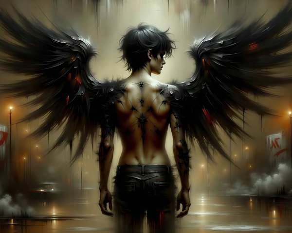 Shirtless Male Angel in Dark Hallway with Tattoo
