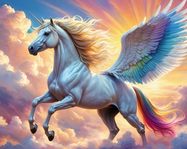 Majestic unicorn soaring through a colorful sky