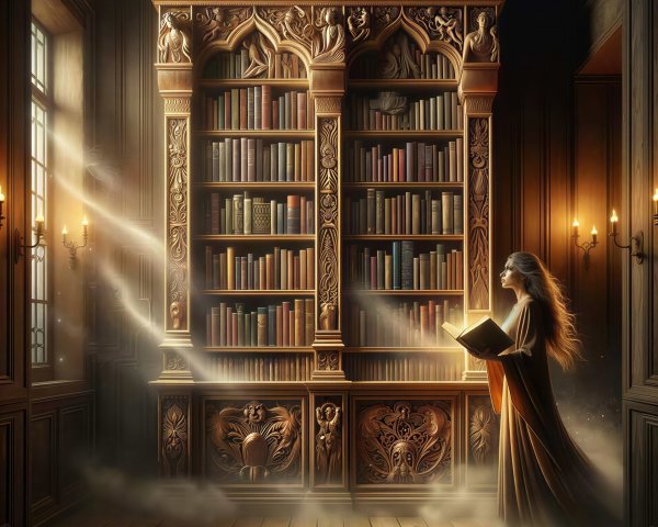 Enchantress in Earth-Toned Gown in Dim Library Setting