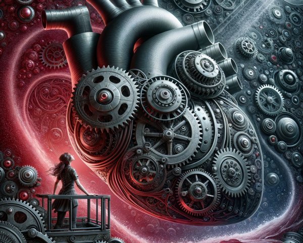 Mechanical Heart Surrounded by Gears and Pipes