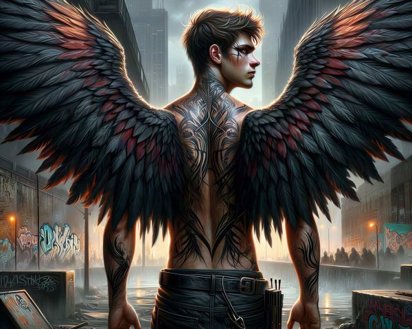 Young Male with Feathery Wings and Tribal Tattoos