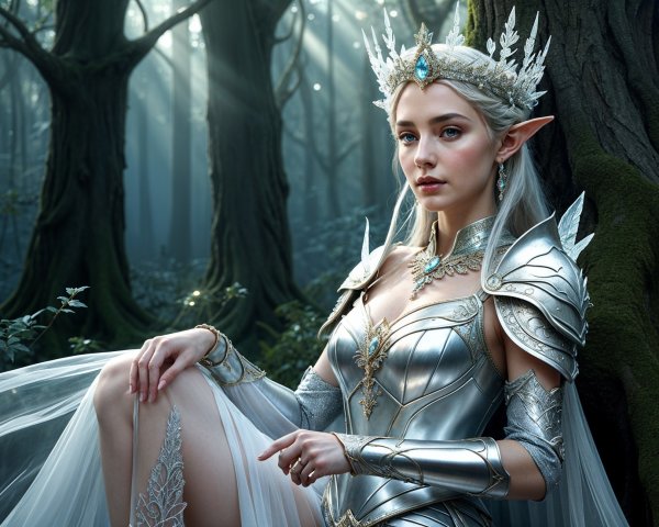Majestic Elf Queen in Enchanted Forest Setting
