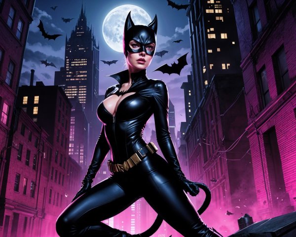 Dynamic Figure in Black Catsuit Against Urban Nightscape