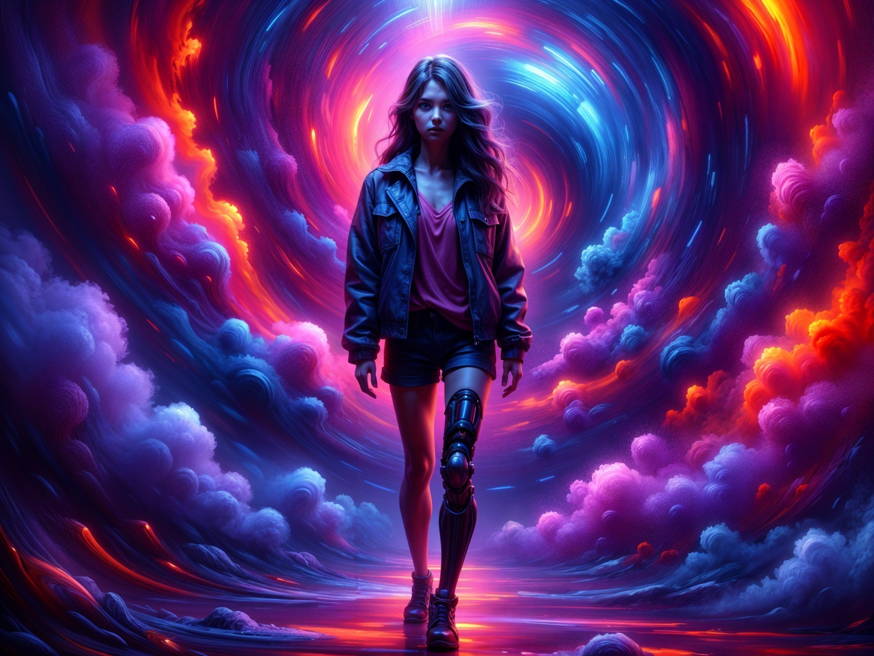 Young Woman in Cosmic Landscape with Prosthetic Leg