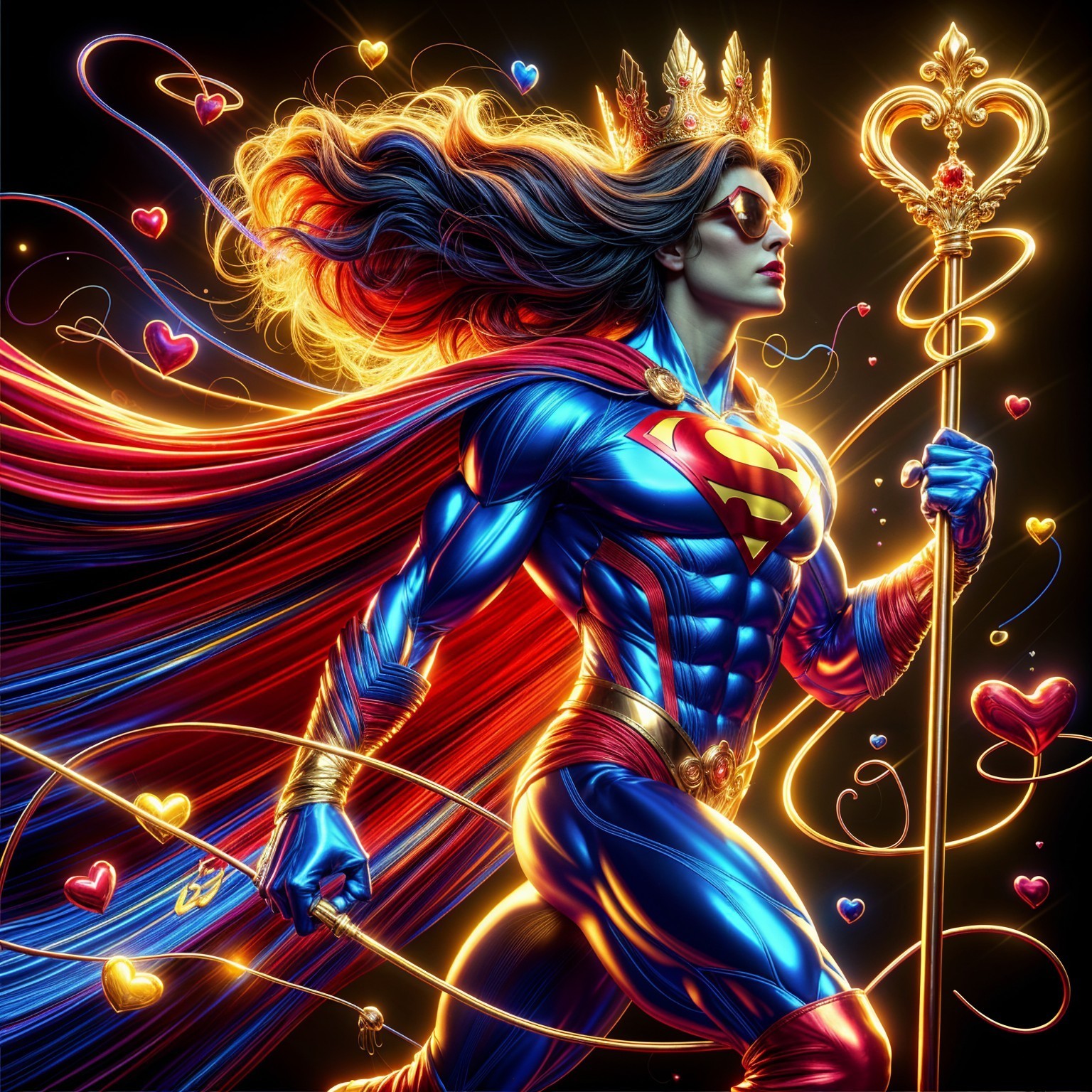 Muscular superheroine in blue and red suit with crown