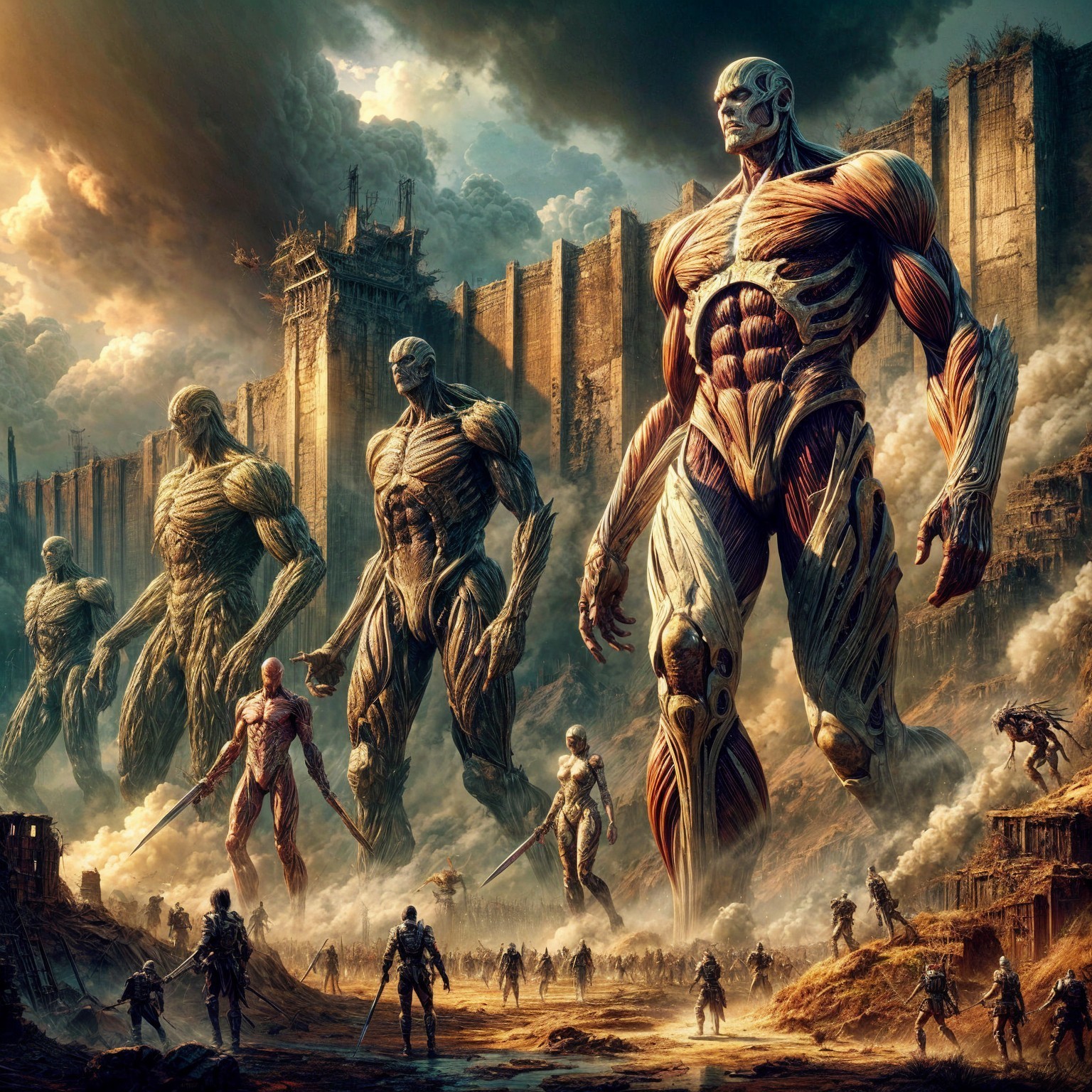 Colossal Humanoid Figures in Apocalyptic Landscape