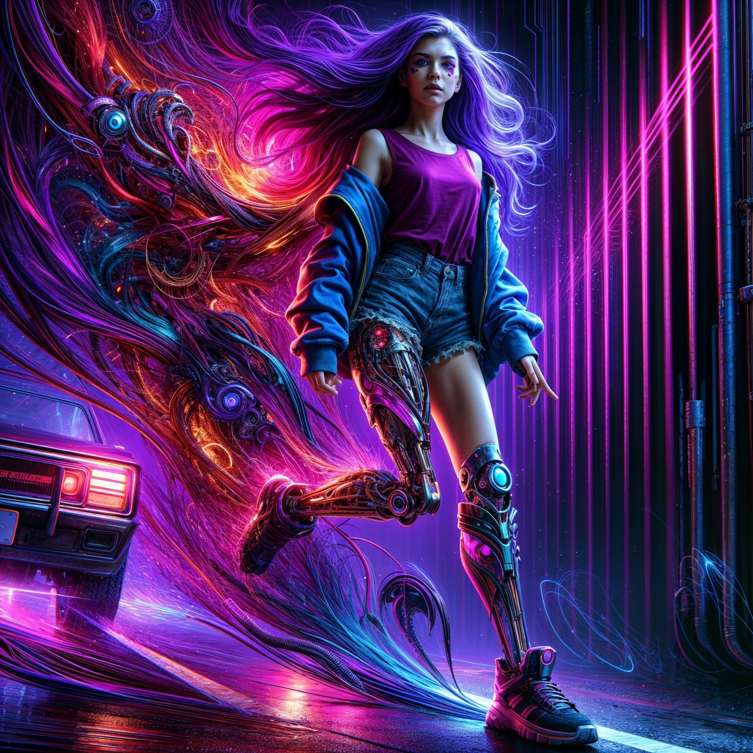 Futuristic Scene of Young Woman with Cybernetic Legs