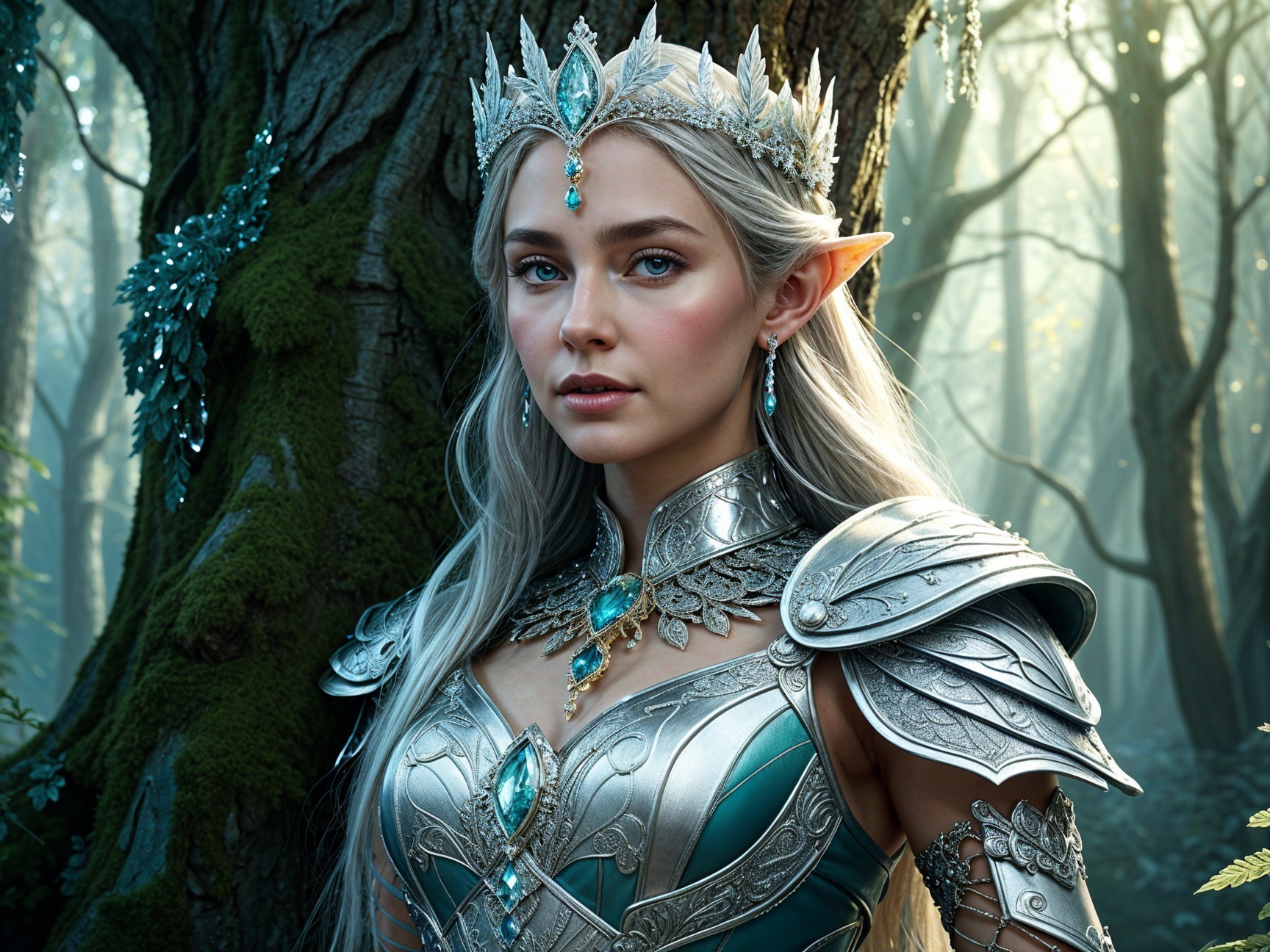 Majestic Elf Queen in Silver Armor in Mystical Forest