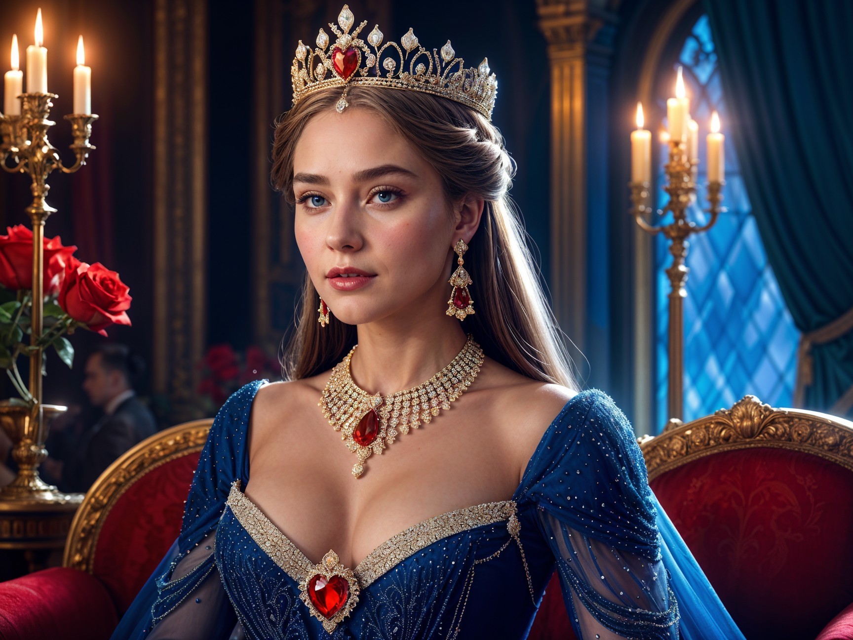 Regal Woman in Deep Blue Gown in Lavish Setting