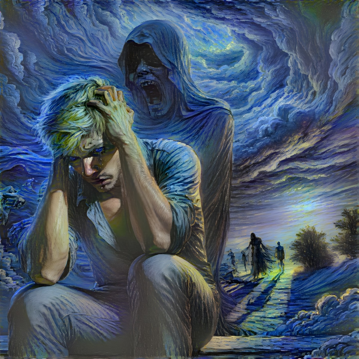 Artwork of a young man in despair with dark figure